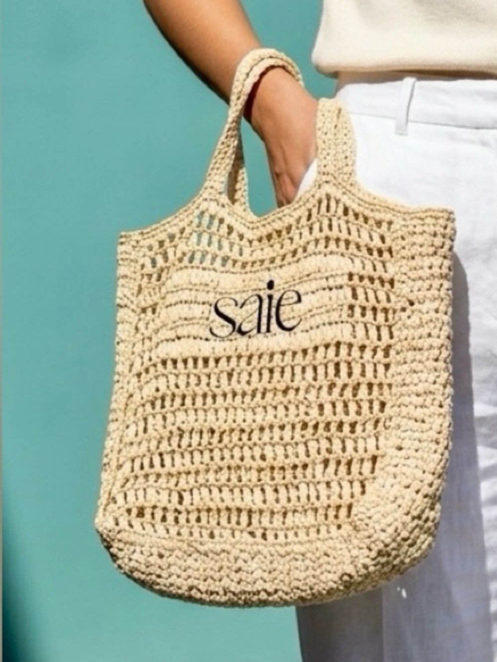Saie Woven Crochet Tote Bag Large Beige Straw Beach Coastal Boho Market Tote